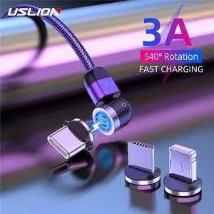3A Magnetic Micro USB Type C Cable Phone Accessories Charging For iPhone 7 8 Plus Xr 11  Redmi Charger 540 Rotation