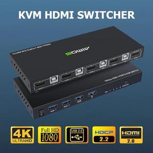 KVM Switch 4 Port 4K USB Switcher Splitter Box for Sharing Monitor Printer Keyboard Mouse Adaptive EDID/HDCP  Plug and Play