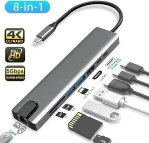 8-in-1 Type-C to Multiport USB-C 4K HDMI USB 3.0 Hub Adapter Cable for Macbook Card Reader PD Charging Adapter Splitter for PC