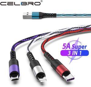 3 IN 1 Micro USB Type C Cable 5A Fast Charging Cable for  Mi 9 10 Ultra Redmi Note 8 iPhone 11 Pro 8 7 USB Tipo C Cable