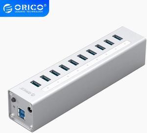 Aluminum 10 Ports Multi USB3.0 HUB Interface High Speed 5Gbps Splitter For PC Laptop Computer 12V Power Adapter Silver