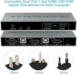 Controller Mouse Support KVM Switch USB Connection Plug And Play 4K 60Hz Dual Port Computer Displayport Stable VGA