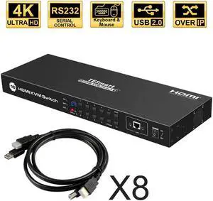 TE 4K UHD 16 Ports HDMI KVM Switch Console Rack Mount Switch with 8 Pcs 5ft KVM Cable USB 2.0 Device 16 Port Input Control