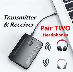 Bluetooth 5.0 Audio Transmitter Receiver Pair with TWO Headphones 3.5mm AUX RCA Wireless Adapter for TV PC Car Speaker