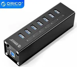 Super Speed USB HUB Aluminum 7 Port USB3.0 Splitter Support BC1.2 Charging with 12V Power Adapter for MacBook Pro Laptop