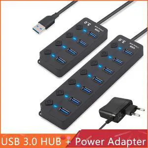 USB Hub 3.0  High Speed 4 / 7 Port USB 3.0 Hub Splitter On/Off Switch with US/EU Power Adapter for MacBook  Laptop PC