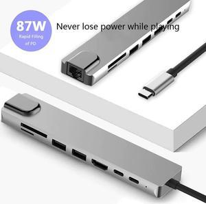 8 in 1 USB-C Hub Aluminum Alloy Multiports HD 2 USB 3.0 Adapter PD Charging  &TF Card Reader RJ45 for Laptop Notebook