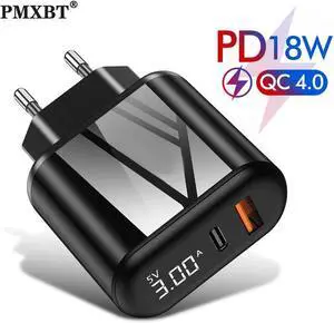 18W USB Charger QC 3.0 4.0 PD Fast Charging LED Display Type C Charger For iPhone  S10   Phone Charge Adaptor