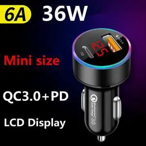 USB Car Charger LCD Display Mini Quick Charge 3.0 PD 6A 36W QC3.0 Fast Charger For iPhone Huawei Xiaomi Mi Type C Mobile Phone