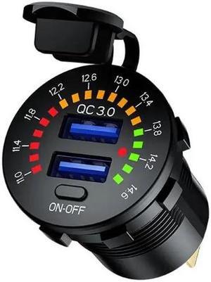 12V 24V Quick Charge 3.0 Dual USB Car Charger Waterproof 18W USB Outlet Fast Charge with LED Voltmeter ON OFF Switch
