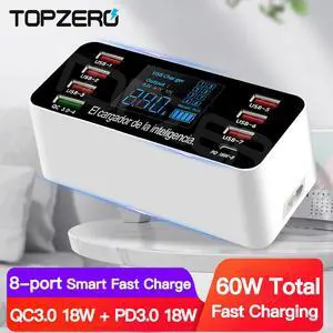 60W USB Socket Charger PD3.0 QC3.0 Fast Charge Desktop Adapter 8 Port Smart LED USB Charge Station For EU US UK Plug