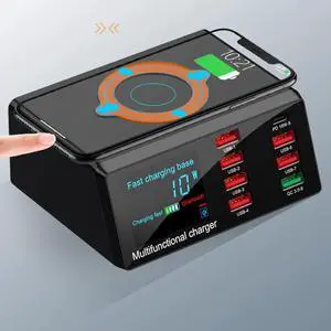 100W PD QC 3.0 Quick Charger 8 Ports Smart USB Digital Display Charging Dock Station Qi Wireless Fast Charger for iPhone