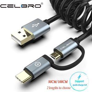 Usb Type C Spring Coiled Cable 2 In 1 Micro Usb Extension Cable Car Charger Cable Cabel For   Android Mobile Phones
