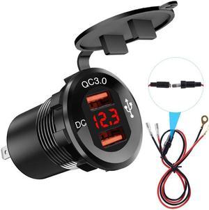 12V/24V Metal Waterproof Dual QC3.0 USB Fast Car Charger Power Outlet Voltmeter