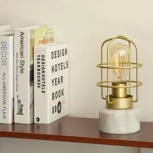 Cage Table Lamp With Marble Base In Brass Finish, Industrial Desk Lamp
