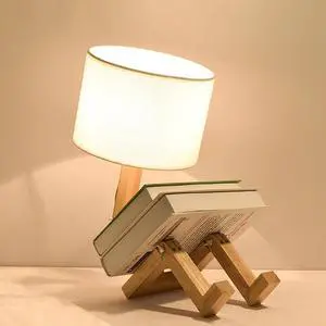 Robot Shape Table Lamp LED EU/AU/US Plug Flexible Adjustable Folding Reading Light Wooden Fabric Bedside Lamp Luminaria