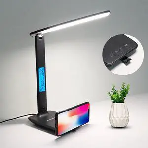 LED Table Desk Lamp 5W QI Wireless Charging with Calendar Temperature Alarm Clock Eye Protect Read Light Table Lamp