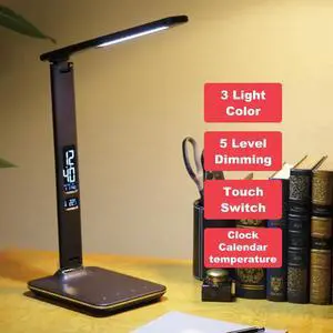 Desk Lamp Alarm Clock Table Lamp USB Output Leather Finish Eye Care  Lamp Calendar Dimmers 3 Lights Color Reading Lamp