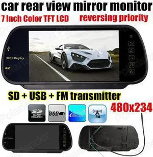 7 Inch Color TFT LCD auto Rear view Mirror Monitor reversing priority USB SD Port MP5 FM transmitter 480x234 for rear camera