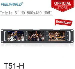T51-H  Triple 5" 2RU 800x480 Broadcast Rack Mount Monitor  AV Input Output Triple Screens LCD Monitor