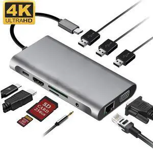Vga Adapter Hub  Vga 10 in 1 Type C Adapter USB 3.0 Port 4K   VGA RJ45 Gigabit Ethernet For Macbook Pro
