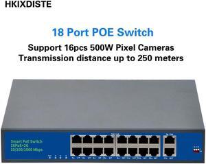 16 Port POE Ethernet Network Switch+2 Port Gigabit Uplink Fast Switch with Metal Shell For CCTV IP Monitoring Camera Power  250M