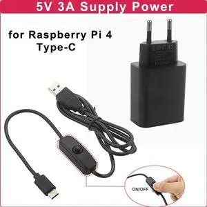 Pi 4 5V 3A Power Adapter EU/US Plug Power Supply USB-C Micro USB Switch Button Charger Cable for Raspbery Pi 4 Model B