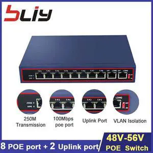 100Mbps 8 port poe switch ethernet switch poe 48V-56V network 250M vlan uplink port lan switch for IP camera or wireless AP ftth
