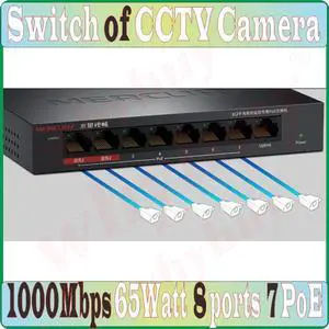 8 ports 7 PoE 65W 1000Mbps data Switch, Plug&Play, NVR Camera Network Switch Mini Desktop Ethernet Network Switch of CCTV Camera