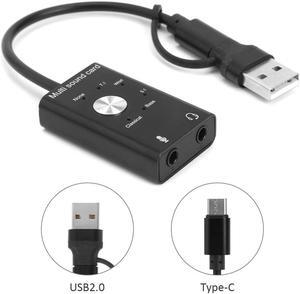 For Win Mac Linux Android, USB 2.0 + Type C to 3.5mm jack external sound card audio adapter