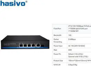 4Port PoE Network Ethernet Switch With 1Uplink And 1SFP Port For POE Camera Gigabit 10/100/1000Mbps 48VPower IEEE802.3af/at