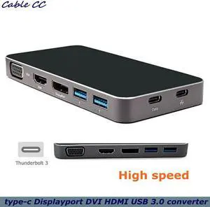 Thunderbolt3 USB-C USB 3.1 to Displayport VGA  USB HUB and Dual Type-C female power adapter for laptop
