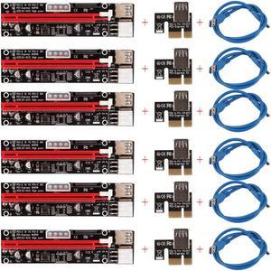 6PCS VER103C 3in1 Power PCI-E Riser Card LED 4pin 6pin Sata 15pin Express 1x to 16x 60CM Extension Cable for Bitcoin Miner