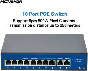 8Port POE Ethernet Switch 52V VLAN 10/100Mbps IEEE 802.3 Af/at Standard Network Switch POE for CCTV IP Camera Wireless AP 250M