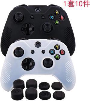 Rubber Cover Skin Case Anti-Slip For Xbox One/S/X Controller X 2(Black & White) + Fps Pro Extra Height Thumb Grips X