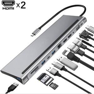 12 in 1 Type-c to Dual HDMI/VGA/USB 3.0 Hub/PD/RJ/Micro-/TF Card Dock Adapter High Resolution Multifunctional Cable Hub