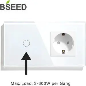 Touch Light Switch Wall EU Socket Glass 1/2/3Gang 1Way Touch Screen Switch Power Outlet Max.Load 300W/Gang Wall Switch