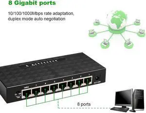 10/100/1000Mbps Ethernet Switch 8 Gigabit Port Network Switch Lan Hub Full/Half duplex Ethernet Desktop Network Switcher
