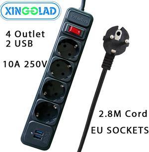 Filter 2500W 10A Power Strip Switch EU Plug Sockets With 2.8M Extension Cord Surge Protector 4 AC Outlets 2 USB Charging