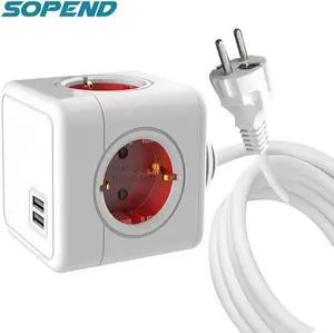 PowerCube Extended Socket Wall Smart EU Adapter Strips Plug Power Strip Extension 1.5m Cable with USB Multi Outlet 4 Port
