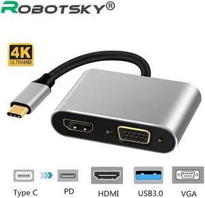 4IN1 Type C To HDMI 4K Adapter 1080P VGA Audio Video Converter PD 87W Fast Charger Adapter Dongle Dock Cable For Macbook