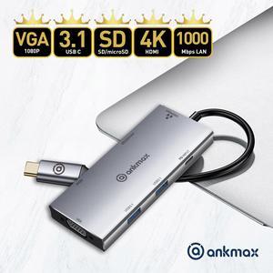 USB C Hub Ankmax P831HGS 8in1 USB type C Adapter with 4K HDMI, VGA, 1Gbps RJ45 Ethernet Port, 2 USB 3.1, PD Charging Port, SD/TF Card Reader for MacBook/Pro/Air,iPad Pro and Type C Thunderbolt 3 Windo