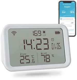 WiFi Thermometer Hygrometer, Smart Indoor Bluetooth Temperature Humidity Sensor with App Alerts, Temperature Humidity Time & Light Monitoring 4-in-1 Perfect for Greenhouse Home RV Wine Cellar