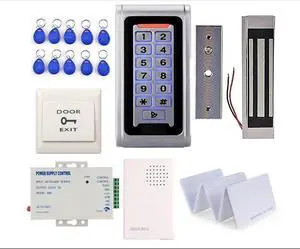 Sistemas de entrada de puerta con teclado RFID de metal impermeable y cerradura magnética eléctrica de 600 libras + fuente de alimentación de 110 V + botón de presión para salir+llaveros/tarjetas RFID