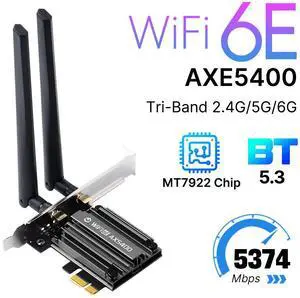 DERAPID WiFi 6E PCIe Wireless Network Card, AX5400 Tri-Band (2.4/5/6GHz) with Bluetooth 5.3, MT7922 Chipset, Windows 10/11 Compatible  High-Speed Gaming & Streaming Adapter
