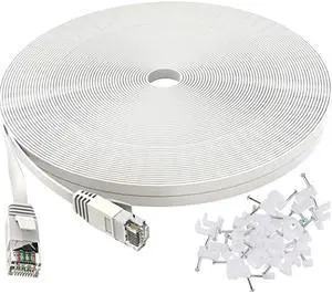 Cat 6 Ethernet Cable 50 ft White - Flat Internet Network Lan patch cords – Solid Cat6 High Speed Computer wire With clips& Snagless Rj45 Connectors for Router, modem – faster than Cat5e/Cat5 - 50 feet
