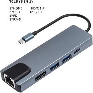 Mirascreen Multifunctional Expansion Dock USB-C Hub Docking Station Adapter With USB 3.0 / 4K HDMI HD Display /RJ45 Gigabit Ethernet /PD Charging SD &TF Card Readers TC15