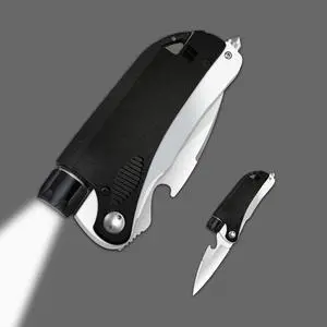 QLEE Led Mini Flashlight 6-In-1 Utility Folding Pocket Knife With Bottle Opener,Glass Breaker First Attack,Buckle,Whistling,Multi-Function Emergency Tool For Hiking Survival Camping Hunting