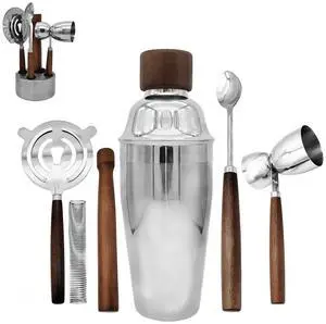 QLEE 6 PCS Bar Tool Set Stainless Steel Cocktail Shaker Kit With Muddler, Double Jigger, Mixing Spoon, Strainer & Matte Round Stand Bartender Essentials Barware For Home Bar Party & Celebration