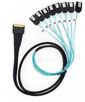 SS86548I8SM1 Slim SAS 4.0 SFF-8654 8i 74Pin to 8 x SATA 7Pin Female Straight with Locking Latch 12Gbps Cable SS86548I8SM1 Slim SAS 4.0 SFF-8654 8i 74Pin to 8 x SATA 7Pin Female Straight with Locking Latch 12Gbps Cable